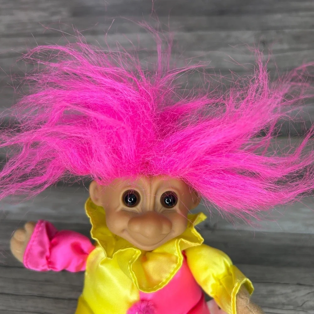 Russ Troll Jester Clown Doll Plush Pink Hair 90s Vintage‎ y2k Yellow